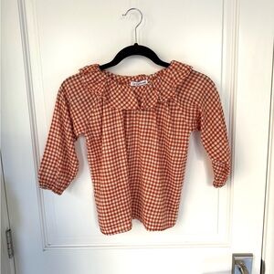 Le Carrousel Girls Orange Buffalo Check Peasant Ruffle Blouse Top Size 6 Kids